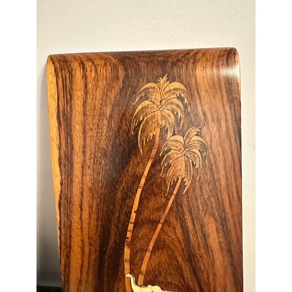 Vintage Wood Marquetry Wall Art Plaque‎ Elephant Palm Tree Inlay Brown Safari